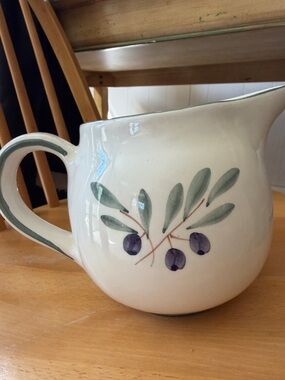 Hand-Painted Ceramic Olive Motif Pitcher — White with Green and Purple Accents